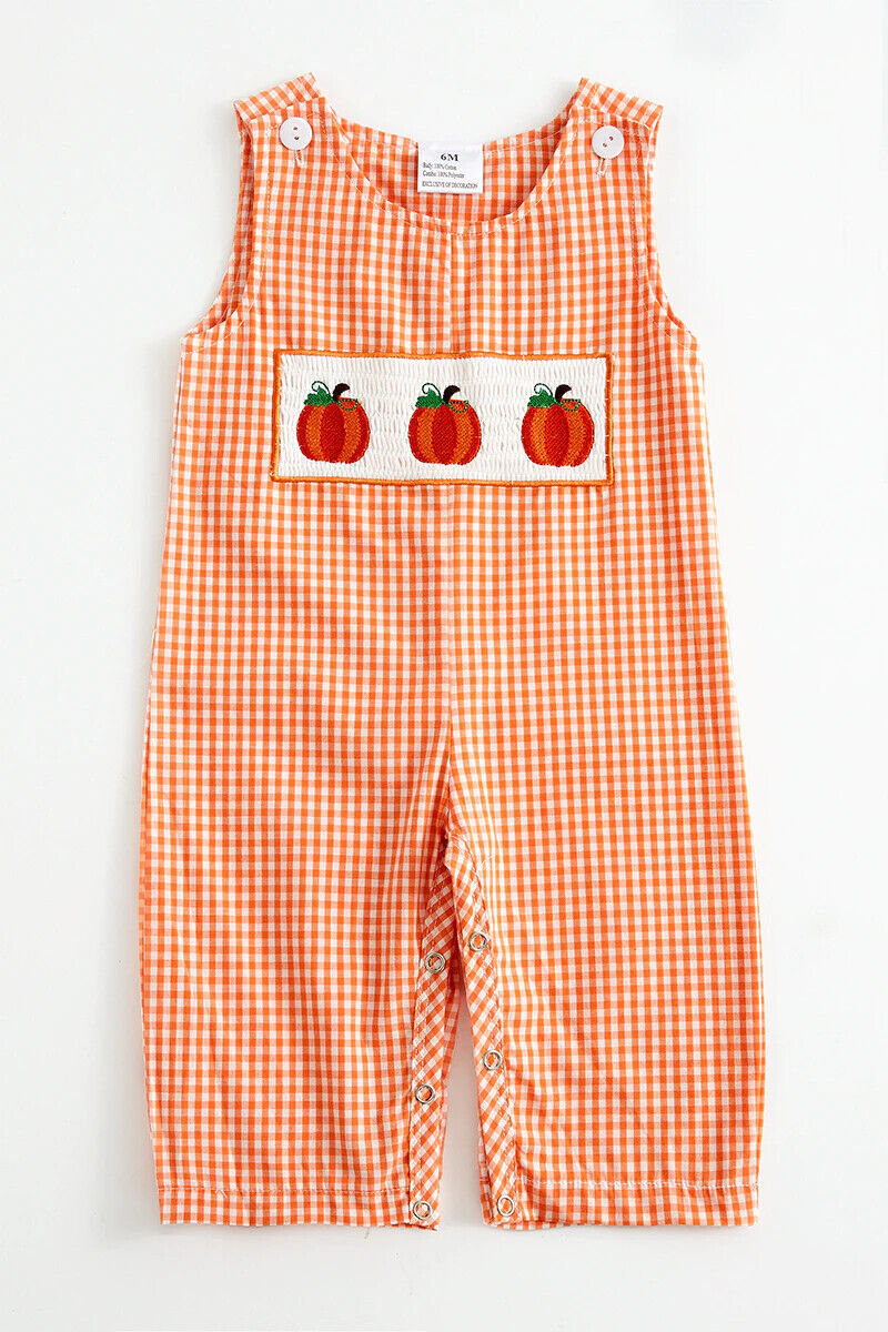 Primary image for NEW Boutique Pumpkin Baby Boys Smocked Gingham Overall Romper Jumpsuit