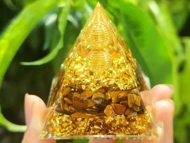 Golden orgonite pyramid tiger eye and golden crust for money and wealth ... - $20.00