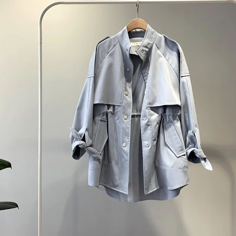  spring  short Trench Coat Stand Collar Drop  Sleeve Drawstring Single Breasted  - £182.51 GBP