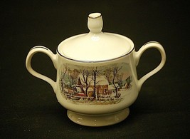 Currier &amp; Ives by Avon Sugar Bowl w Lid Winter Snow Scene w Smooth Gold ... - £11.60 GBP