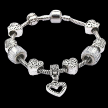 Heart Charm Beaded Bracelet Sterling Silver Size 6.5 - £8.15 GBP