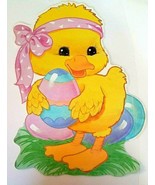 VTG Die Cut Flocked Easter Decoration Eureka USA Chick Huge Egg Pink Ribbon - $14.27