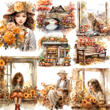 Autumn Fall Leaves Stickers Girl Pumpkin Sunflower Cat Scrapbook Decoration Set - £6.57 GBP
