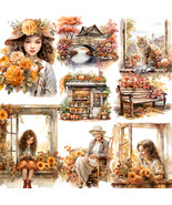 Autumn Fall Leaves Stickers Girl Pumpkin Sunflower Cat Scrapbook Decorat... - $8.20