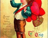 Signed Ellen Clapsaddle Valentines Boy Hearts To One I Love Embossed DB ... - $15.10