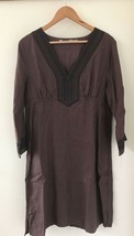 Athleta Brown Linen Cotton Lagenlook Tunic V Neck Baby Doll Dress Large 42&quot; - £31.44 GBP