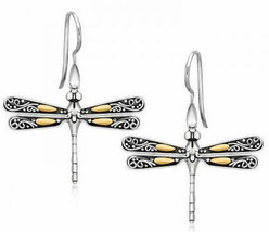 18K Gold and Sterling Silver Dragonfly pierced Earrings, hook 1 pair dangle drop - £80.12 GBP