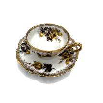 Napco Hand Painted Yellow Gold Roses Heavy Gold Trim 3 Toed Cup &amp; Saucer EUC Vtg - £18.35 GBP