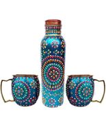 Handmade Copper Outer Hand Painted Art Work Water Bottle and Two Mugs - $85.99