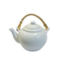 Pier 1 Teapot Sakai Tea Bamboo Handle White Porcelain 4.5 in tall Lid Unused - £17.88 GBP