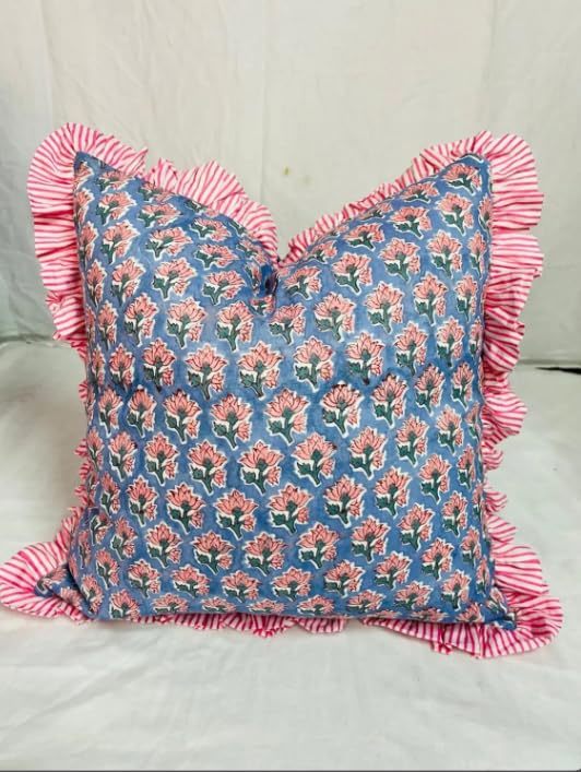Ruffle Throw Pillow Covers for Couchion, 18x18 Inch Cotton Stripe Ruffle Couch P