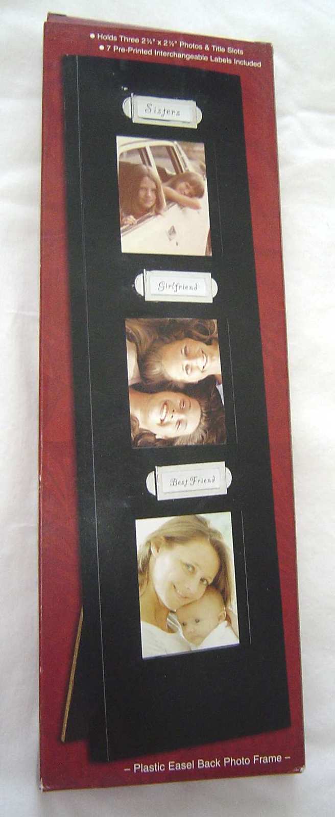 Triple Photo Frame Vertical Holds 2 3/8"X 2 3/8" Size Photos Pre Printed label  - $14.99