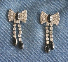 Black &amp; Crystal Rhinestone Silver-tone Bow Drop Pierced Earrings 1990s v... - $12.95