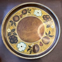 Hand Painted Flower Fruit Round Metal Tray 12” Floral Peach Strawberry Persimmon - $18.00