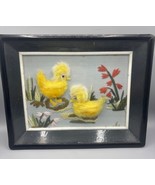 Vtg 60s Embroidered 3D Yellow Chicks Artwork Black Wood Frame Crewel - $43.45