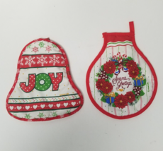 2 Christmas Pot Holders Bell JOY Snowflake Seasons Greetings Hanging Red... - £6.96 GBP