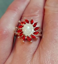 Adorable red ruby crystal and opal flower cocktail ring size 8 - $17.60