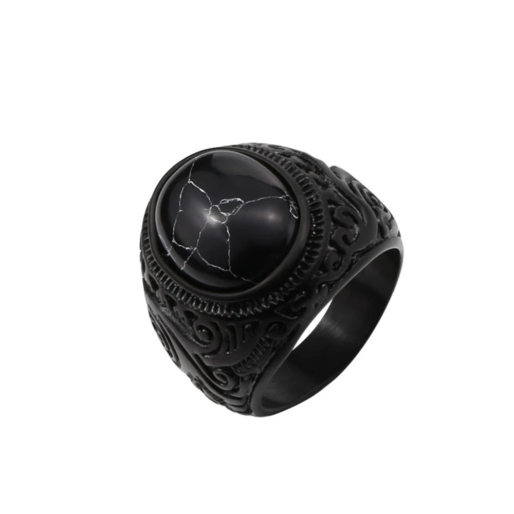 Vintage Gothic Style Black Stone Ring Punk Stainless Steel Carved Ring Men And W - £18.70 GBP