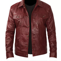 Maroon Stylish Men Real Lambskin Soft Leather Shirt Handmade Biker Casua... - £83.89 GBP+