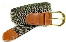 Black Beige Leather Gold Buckle Woven Elastic Stretch Belt, 1-1/4&quot; Wide Casual - £10.42 GBP