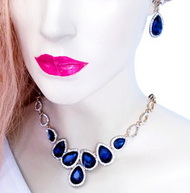 Montana Blue Crystal Necklace, Necklace Earring Set, Rhinestone Pageant Jewelry - £35.15 GBP