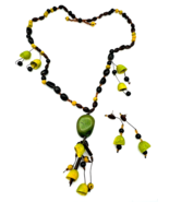 Artisan Green Nut Shell Beads Necklace Earrings BOHO Jewelry Set - £20.19 GBP