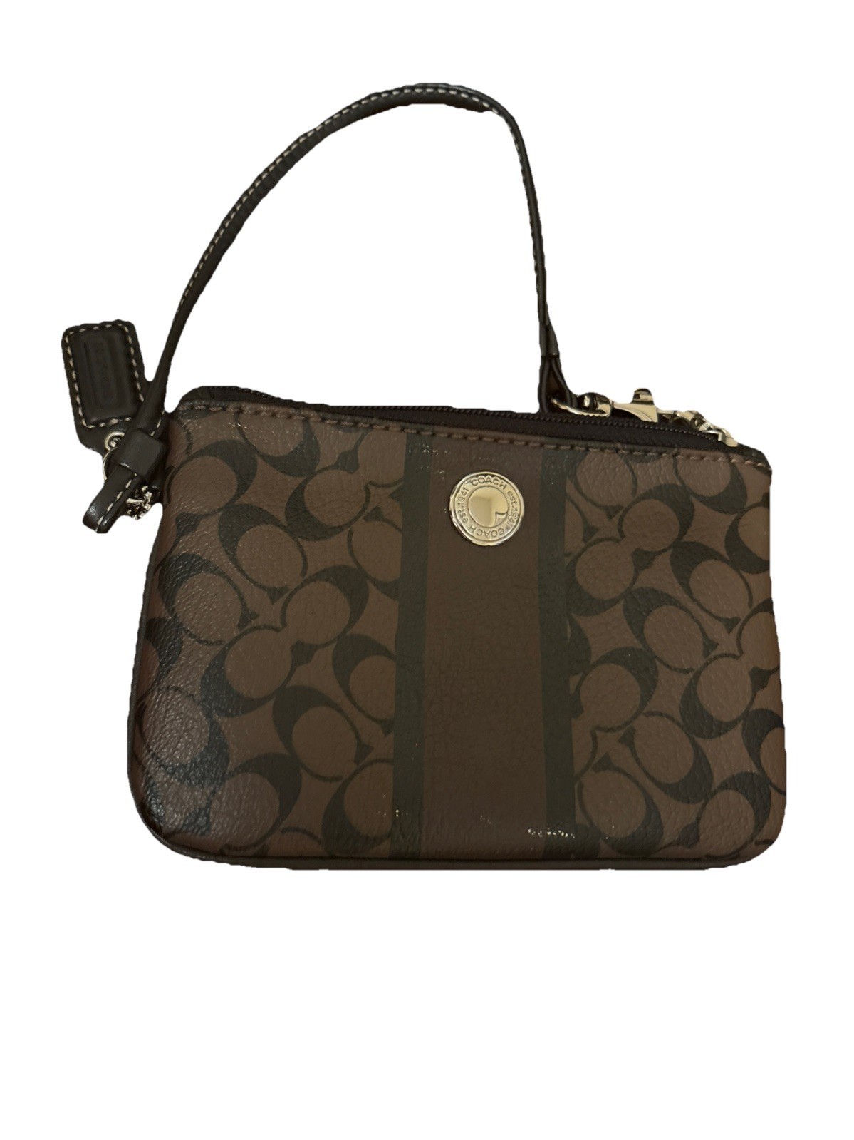 Coach Heritage Stripe Chelsea Signature Brown Black Canvas Wristlet - $23.76