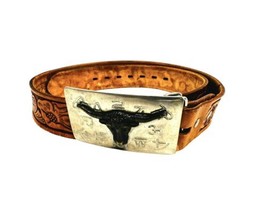 Vintage Chambers Brown Acorn Leaf Tooled Leather Belt Strap USA Made 34” Buckle - £13.88 GBP
