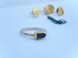 18k yellow gold &amp; sterling silver ring with Green Tourmaline. Handmade very UNIQ - £193.02 GBP