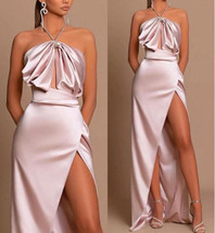 Halter spaghetti with sexy thighs high slit dresspink evening dress - $108.00