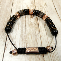 Beaded Rhinestone Rose Gold Black Adjustable Fleur de Leis Macrame Bracelet NIB - £8.67 GBP