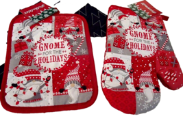 New Set 2 Holiday Gnomes Elves Potholder &amp; Oven Mitt Snowflakes Red Gray White - $9.89