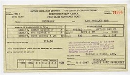 1937 Matson Navigation Company One Way First Class Contract Ticket SS Mahalo  - £30.16 GBP