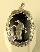 Vtg Sterling Silver Shaded Ornate Black Onyx Stone Bird at Branch Scene Pendant - £76.36 GBP