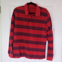 Izod Jeans Red Navy Striped Long Sleeve Polo Shirt Men&#39;s Large - $22.99
