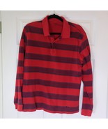 Izod Jeans Red Navy Striped Long Sleeve Polo Shirt Men&#39;s Large - $31.44 CAD
