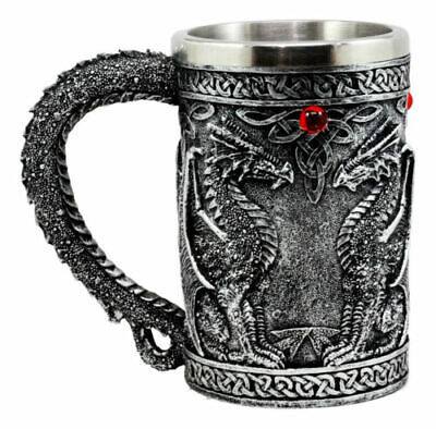 Large Silver Celtic Twin Dragon Fire Drakes Coffee Mug Beer Stein Tankar... - $25.99