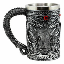 Large Silver Celtic Twin Dragon Fire Drakes Coffee Mug Beer Stein Tankard 14oz - £20.83 GBP