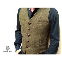 Stylish tweed vest American retro green coffee gray tweed wool slim suit... - $90.00