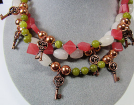 Artisan 3 Strand Toggle Clasp Necklace Big Copper Key Charms Jade Agate Stone - £50.61 GBP