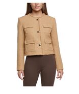 Express Womens Blazer Tan Boucle Fully Lined Pockets Fringed Collar Hem - $1,285.80 MXN