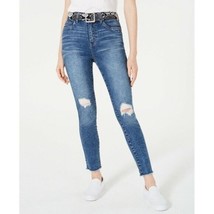 Dollhouse Junior Womens 7 Blue High Waist Ripped Skinny Leg Belted Jeans... - $10.78