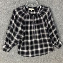 Loft Blouse Women&#39;s Small Long Sleeve Plaid Black White Henley Viscose B... - $16.73 CAD