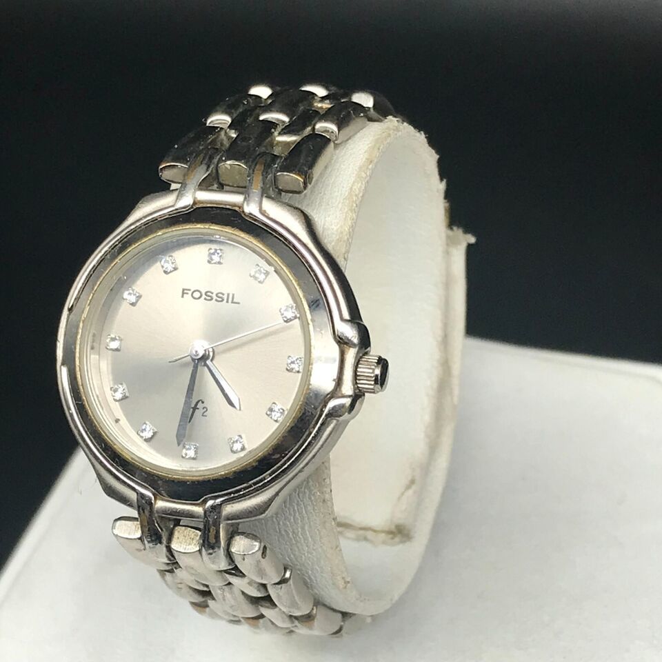 Primary image for Fossil F2 ES-9003 Ladies Silver Watch Band with Clear Crystal Working New Batter