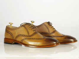 Handmade Men Tan Wing Tip Brogue Leather Formal Shoes, Men Designer Luxury Shoes - £115.89 GBP+