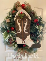 COWBOY CHRISTMAS WREATH WESTERN CHRISTMAS COWBOY BOOT WREATH NEW HANDMADE - $84.13