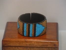 New Women&#39;s African Blue &amp; Gold  Beaded Wide Leather Bracelet - £7.93 GBP