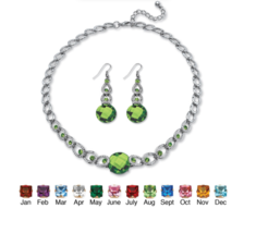 Round Simulated Birthstone August Peridot Necklace Drop Earrings Silvertone - £78.30 GBP