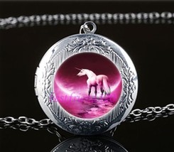Pink Unicorn Moon Cabochon LOCKET Pendant Silver Chain Necklace USA Ship #116 - £11.81 GBP