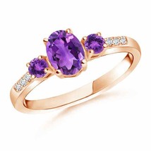 ANGARA Oval Amethyst Three Stone Ring with Diamond Accents for Women in 14K Gold - £623.38 GBP